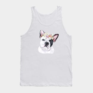 Cute French Bulldog with Pink Flower Hair Wreath Illustration Art Tank Top